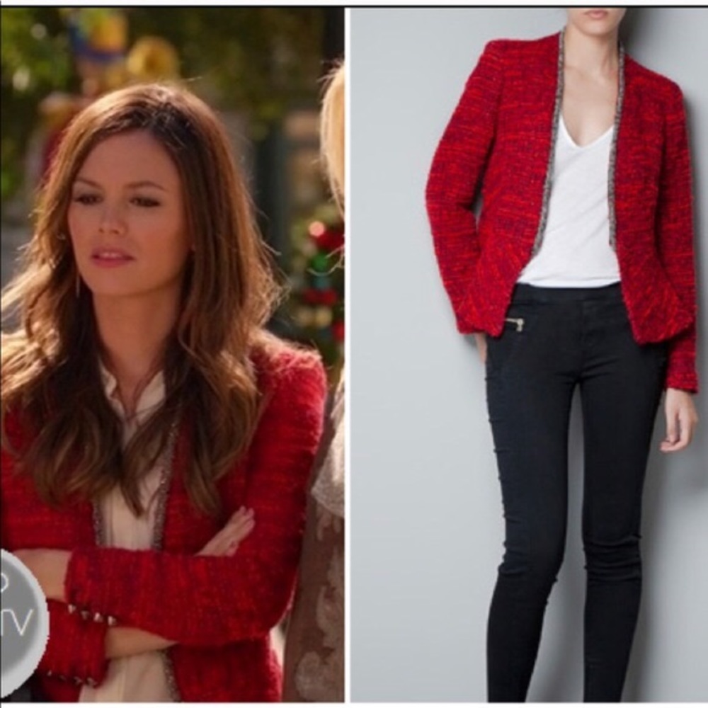 Zara Red embellished tweed blazer Size XS
